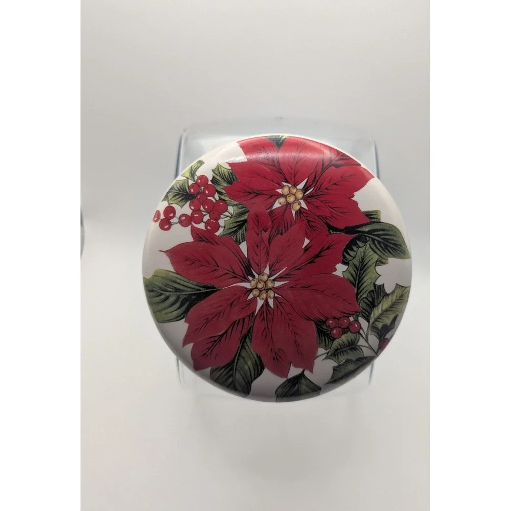 Vtg‎ Clear Glass Cookie Jar Ceramic Poinsettia Lid Christmas Holiday Container